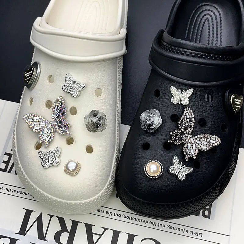 Sparkling Butterfly Flower Pearl Shoe Charms for Crocs Black White Set Clogs Pins Slipper Accessories Garden Sandals Girl Gift