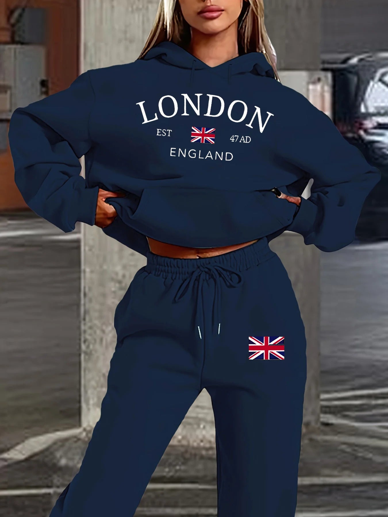 Women's autumn and winter fashion casual London England pattern print with thick fleece warm hooded sweatshirt+sports pants set