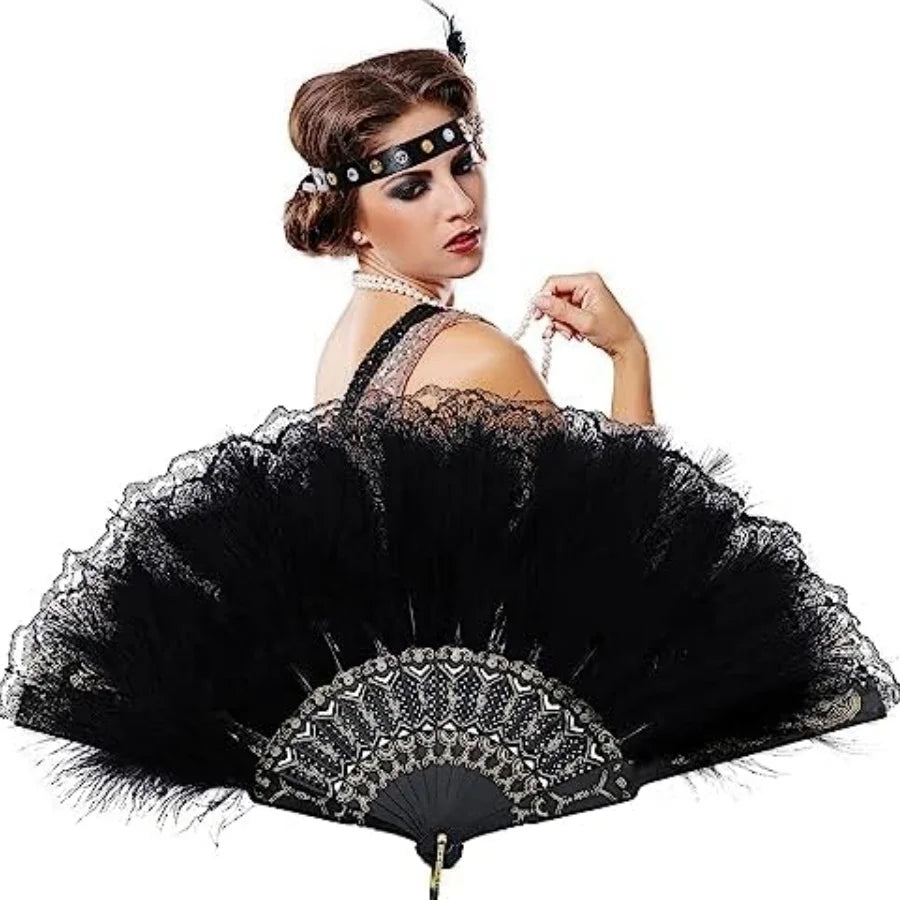 Black feather fan, 1920s hand fan, lace retro feather fan, lace feather fan, 1920s women's clothing, dance performance, wedding