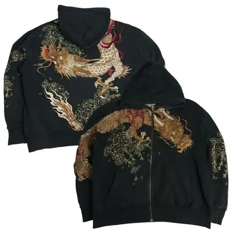 American Retro Sakura Dragon Graphic Zipper Hoodie Y2K Clothes Men Women Hip Hop Retro Casual Oversized Hoodie Jacket
