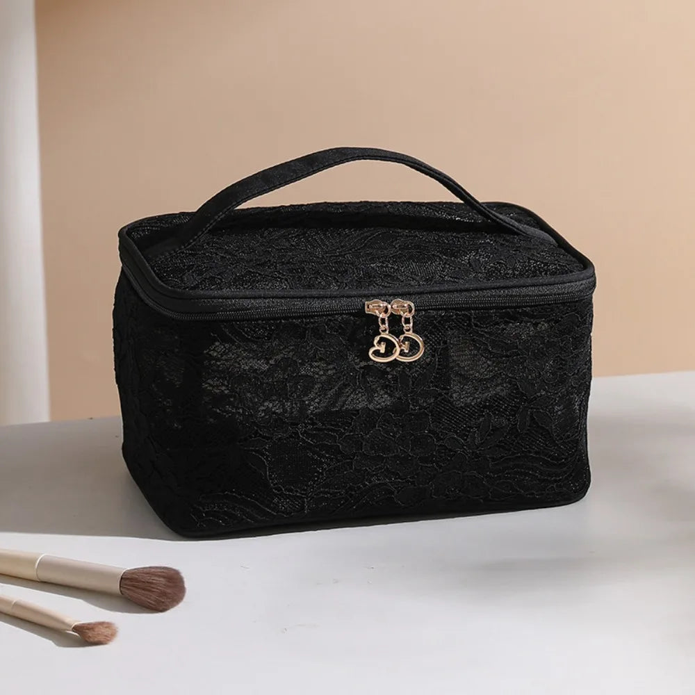Makeup Bag Elegant Portable Makeup Bag Lace Floral Pattern Cosmetic Storage Bag Large Capacity with Handle Handbag for Women