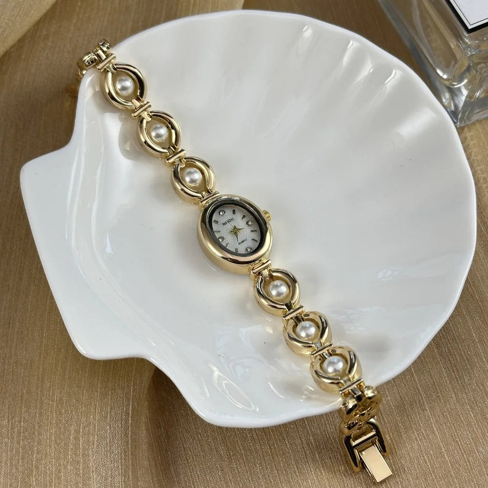 Fashion Women Watch Vintage Pearl Inlaid Strap Bracelet Watch Luxury Gift Ladies Quartz Watches Oval Dial Wristwatches