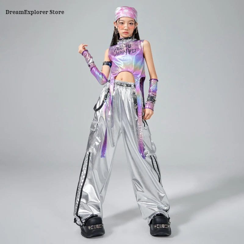 Girls Hip Hop Shiny Crop Top Silver Cargo Pants Kids K-pop Jazz Stree Dance Clothes Sets Children Streetwear Girl Group Costume