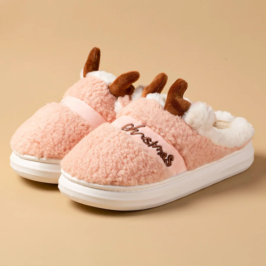 New 2025 Thick Sole Christmas Deer Slippers Women Men Indoor Warm Slipper Soft Plush Home Floor Lovers Winter Platform Shoes