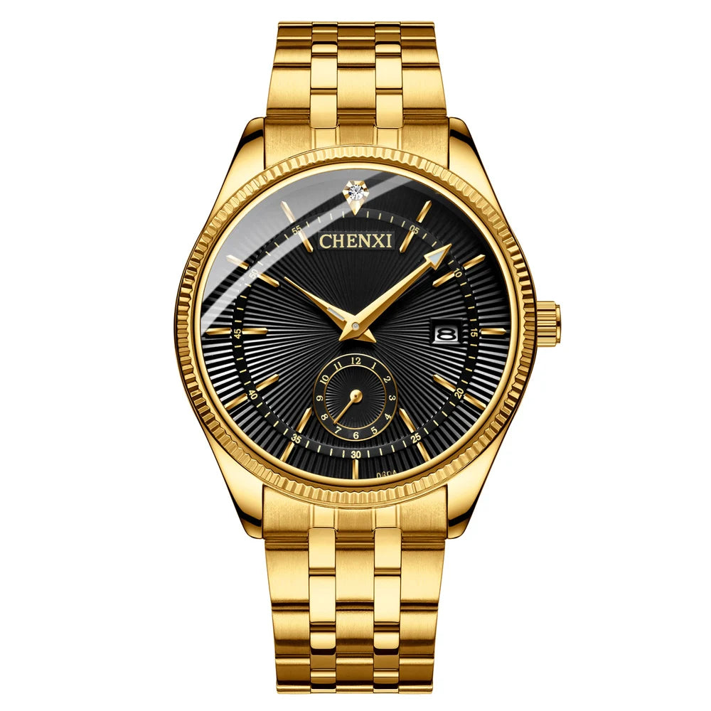 CHENXI Fashion Couple Golden Watches Casual Men and Women Quartz Watch Stainless Steel Luminous Calendar Waterproof Wristwatch
