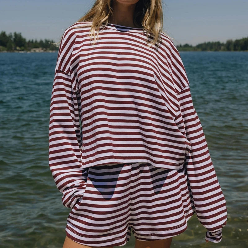 Combhasaki Women 2Piece Striped Y2k Outfits Set Casual Long Sleeve Crew Neck Shirt Tops+Elastic Waist Wide Leg Shorts Tracksuits