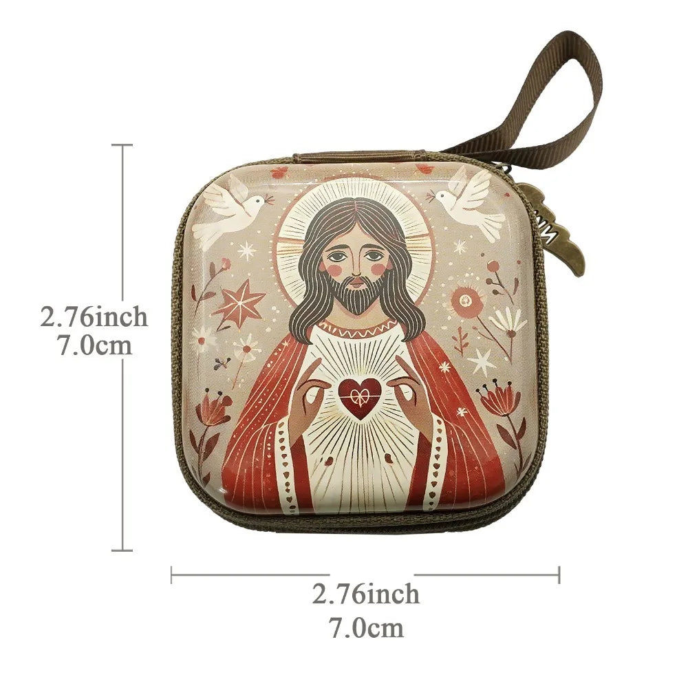 Portable Virgin Mary Prayer Rosary Storage Bag 7x7cm Zippered Religious Articles Cartoon Elegant Prayer Kit Devotees