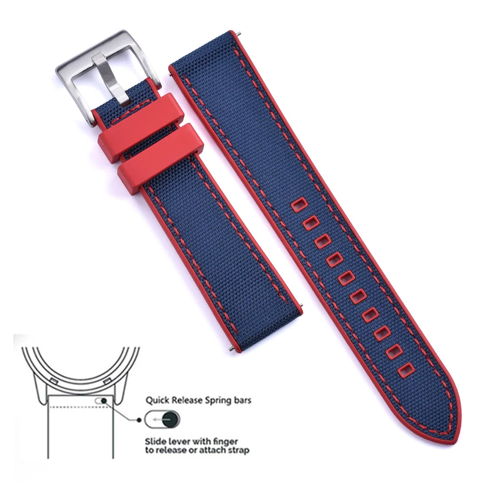 High Quality FKM Canvas Watch Strap 20mm 22mm Hybrid Fluoro Rubber Nylon Watchbands Quick Release For Each Brand Diving Watches