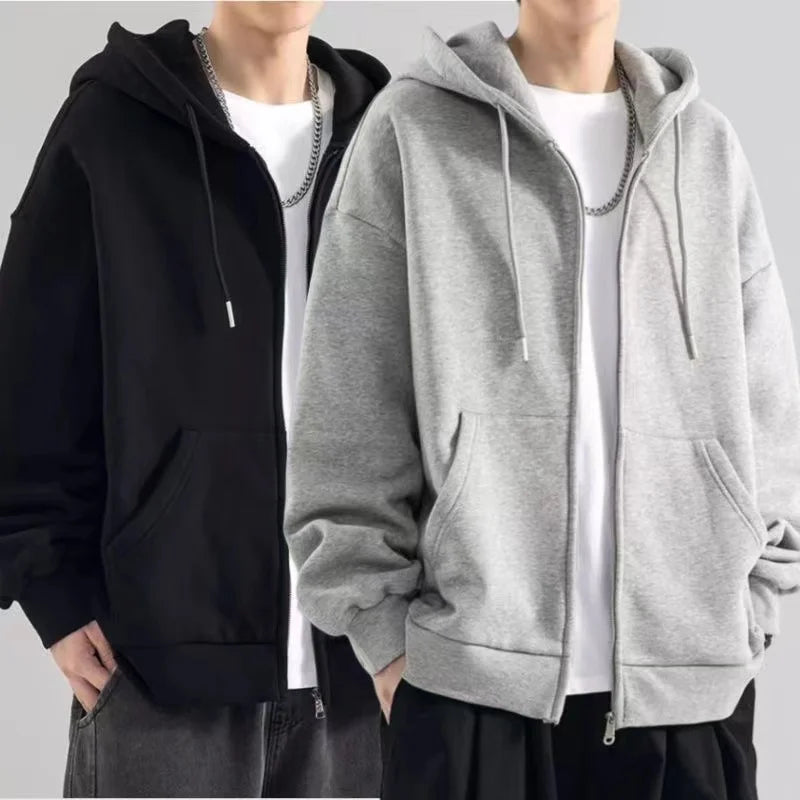 25 High Street Hoodie Men Solid Color Zip Up Long Sleeve Loose Jacket Coats Casual Hooded Sweatshirt Y2K Fashion Outdoor Clothes