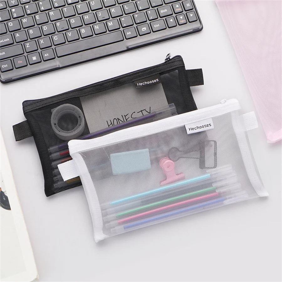 Solid Color Coin Purse Makeup Handbags Stationery Transparent Grid Cosmetic Storage Mesh Pen Bag Zipper Pencil Case