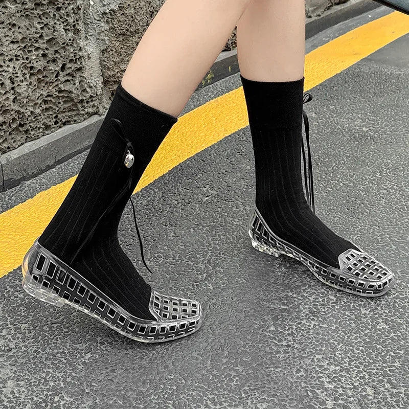 2025 women's new jelly shoes shallow mouth sandals, PVC outdoor casual square toe sandals, lazy people step on them sandals