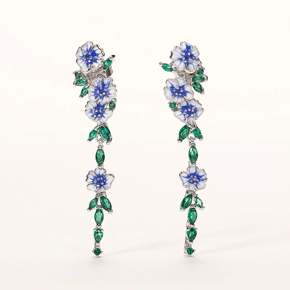 Huitan Vintage Enamel Flower Dangle Earrings Women Temperament Blue Trumpet Flower Long Earrings Wedding Party Aesthetic Jewelry