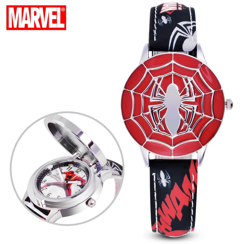 Marvel spiderman Kids watch Captain America ironman children's watches Leather Quartz Flip Metal Case Watches Boys Clock gifts