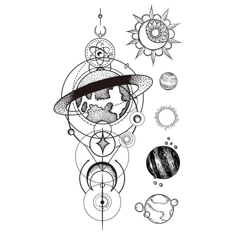 Tattoo Sticker Sun Moon Planet Temporary Waterproof  Flash Makeup Hand Arm Neck Fake Fake Body Art for Men Women