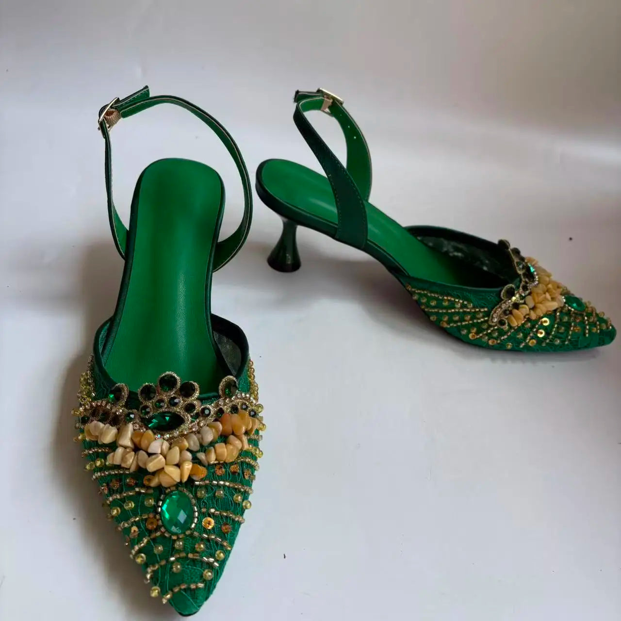 INSIGHTLINK Women Olive Green Pointed-Toe Sandals Women's High Heels Shoes and Bags for Party Rhinestone Evening Bags And Shoes