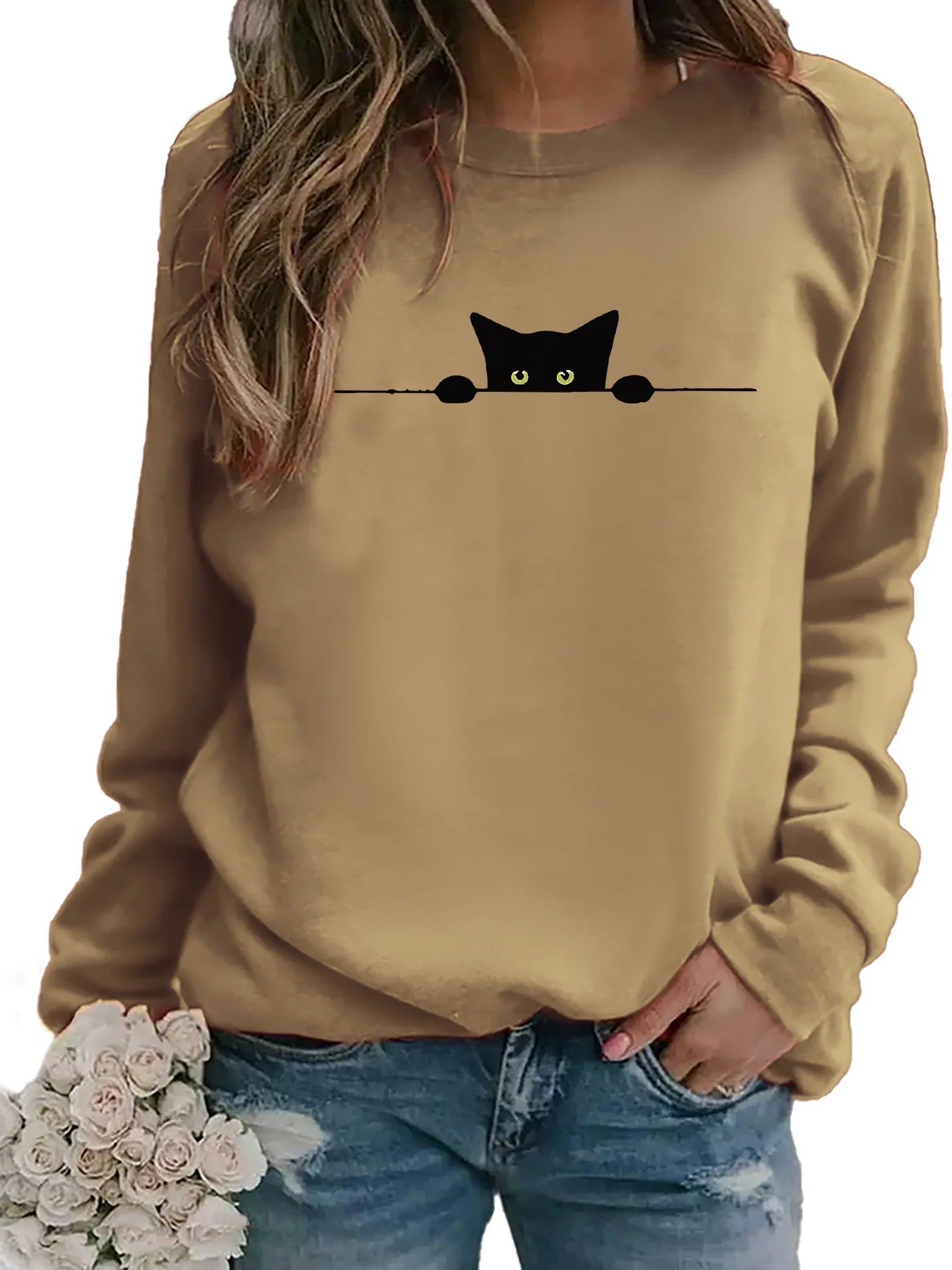 Women's Casual Blackcat Print Pullover Sweatshirt Geometric Design Long Sleeve Round Neck Machine Washable Regular Fit for Autum