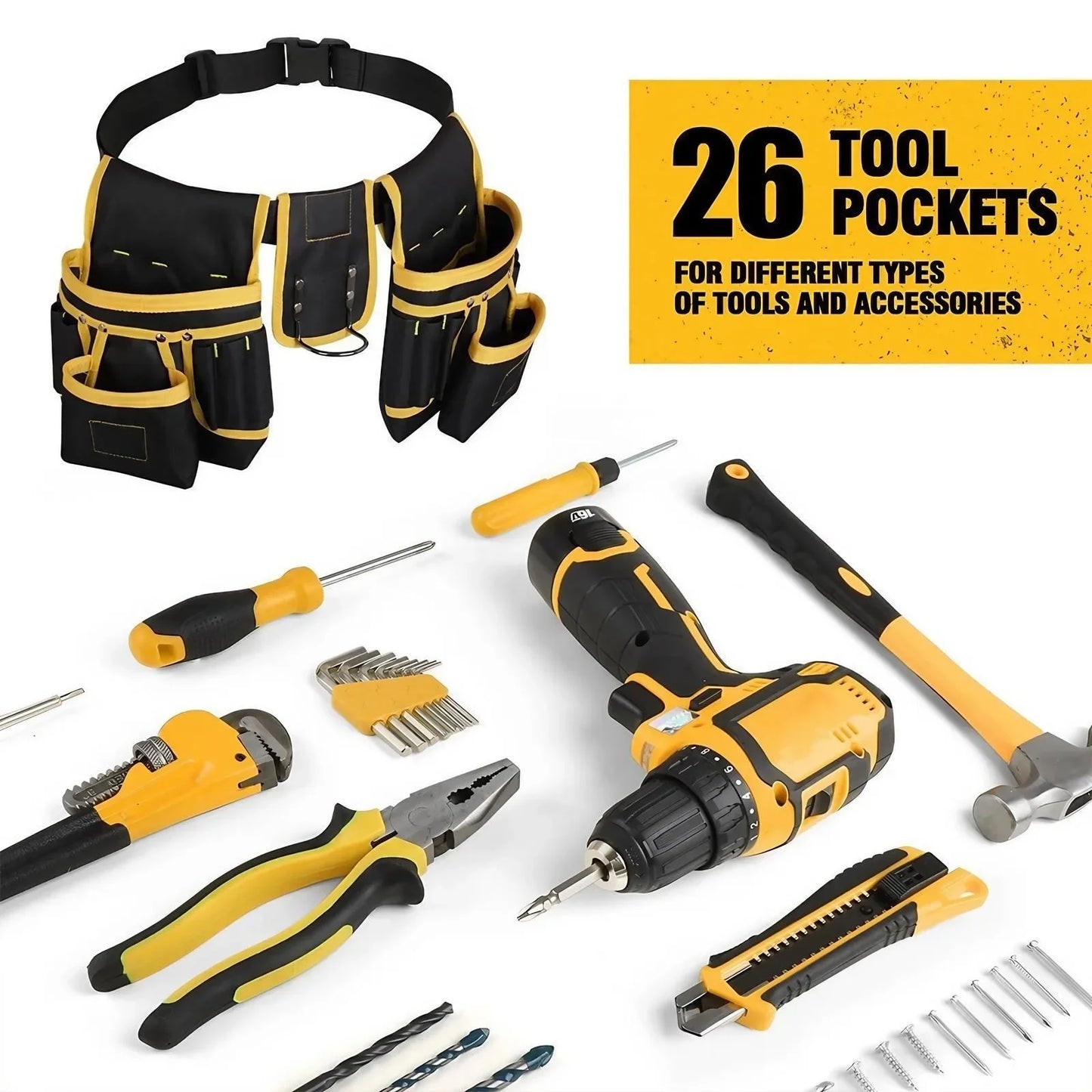Adjustable Men's 26 Pockets Tool Belt Magnetic Holder Sturdy Waist Pouch for Craftsmen Carpenters