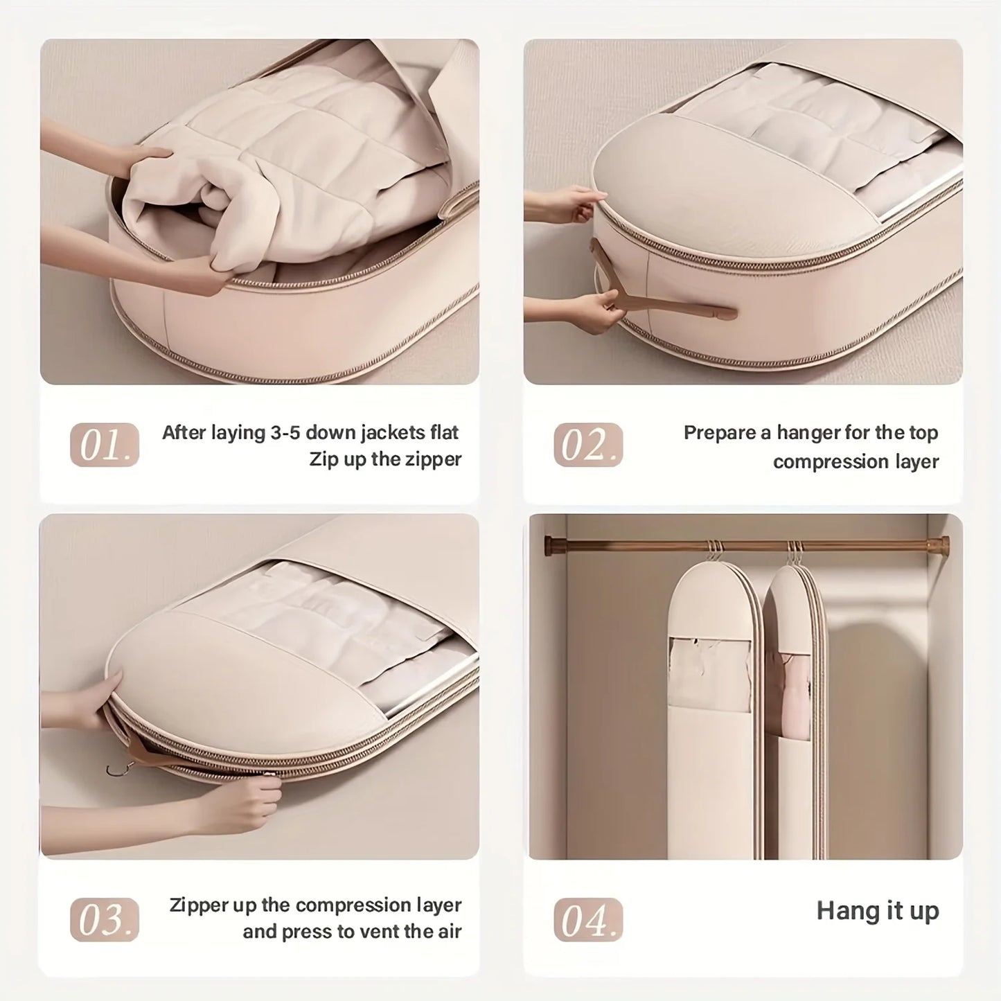 Beige Compression Hanging Bag, 40% Space-Saving Vacuum Seal, See-Through Storage with Durable Zipper for Winter Clothes