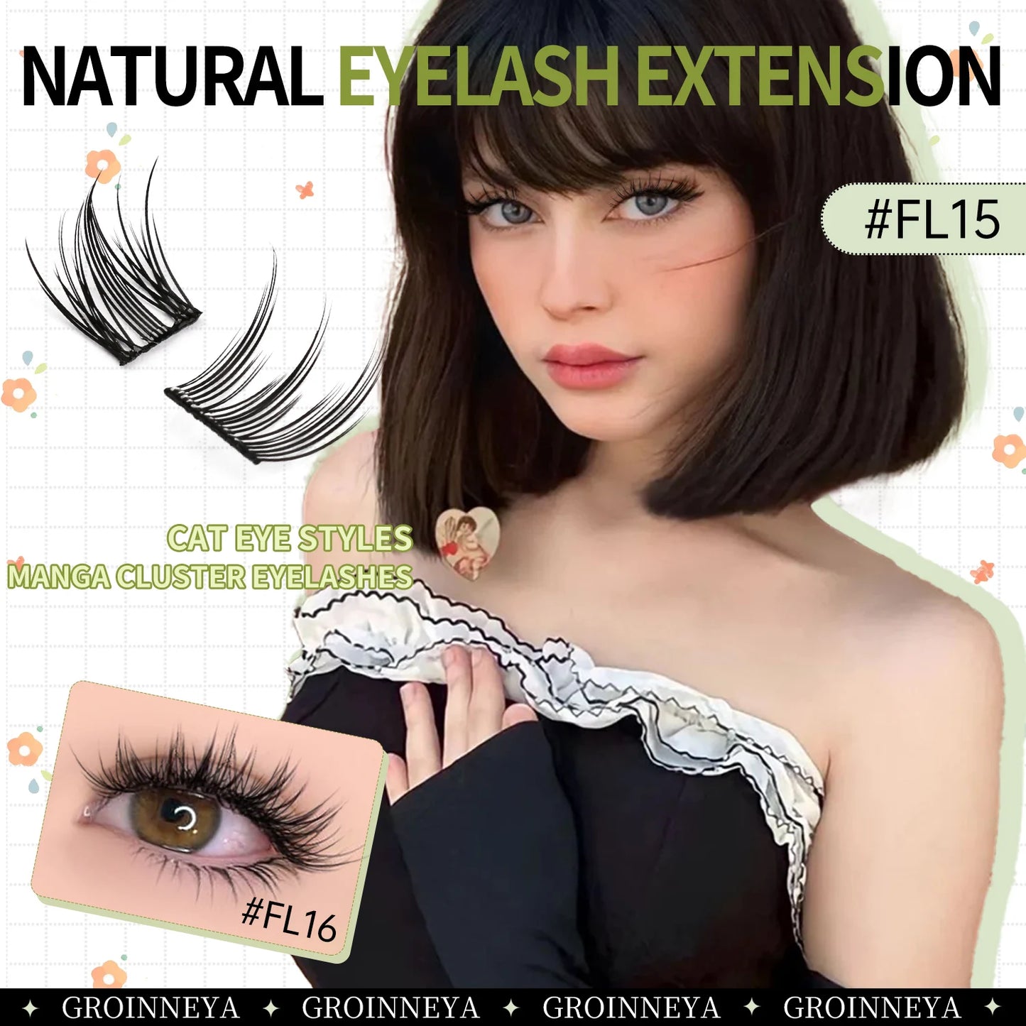 GROINNEYA Manga Cluster Lashes DIY Eyelash Extension Natural Individual Lashes Natural Curl Lash Clusters Makeup At Home
