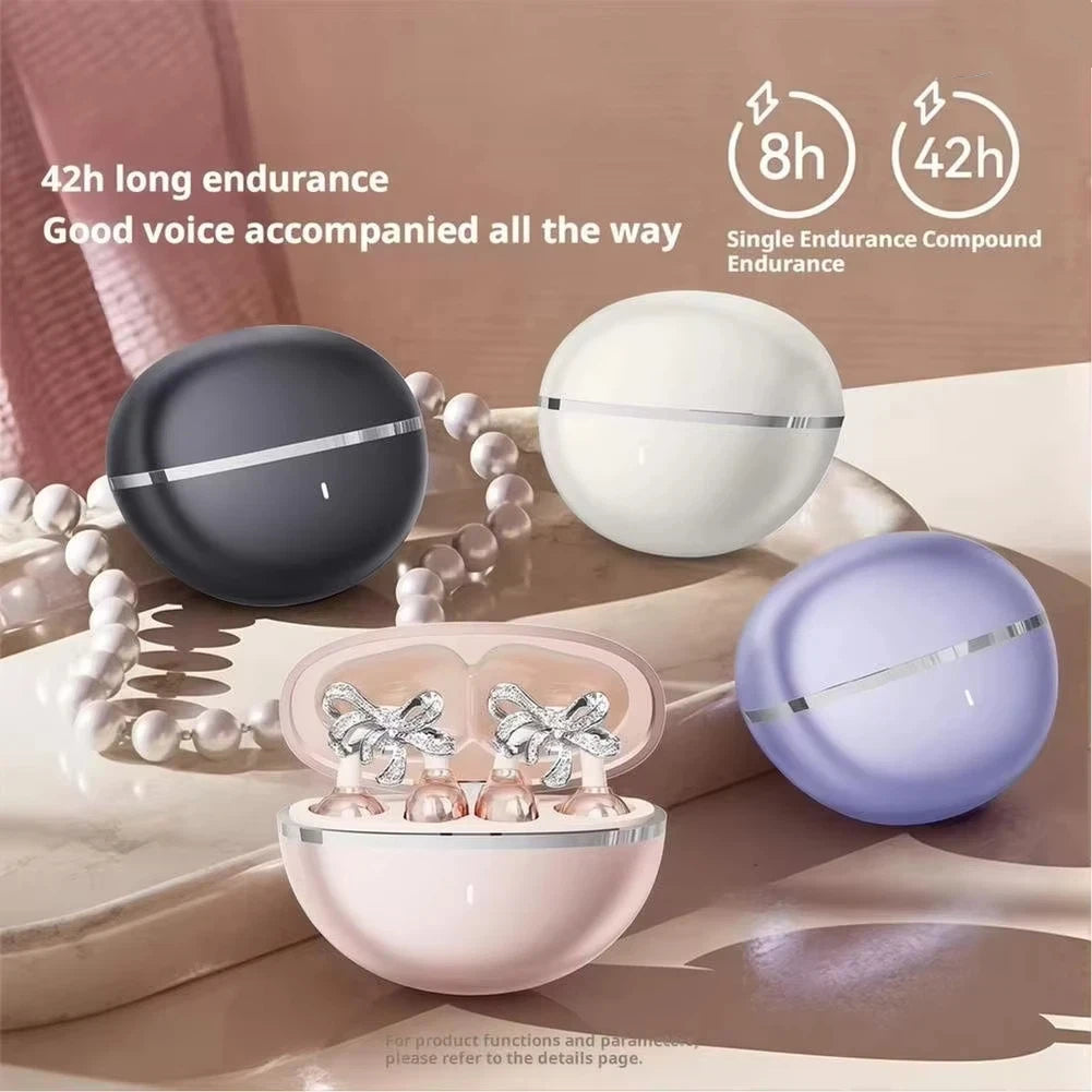 Vivo Wireless Bluetooth Open Ear Headphones Clip-on Earbuds with Detachable Crystal Bowknot Earrings For Sports Fitness Workouts