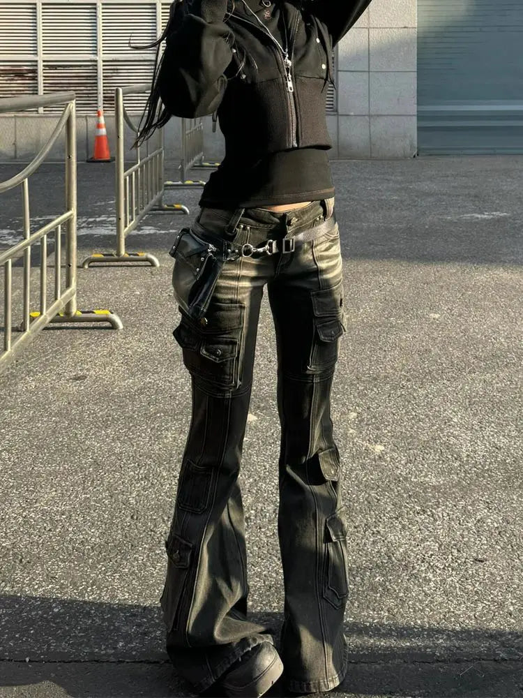 Deeptown Y2k Vintage Punk Women Flared Jeans Harajuku Distressed Low Waist American Style Denim Cargo Pants Grunge Gyaru Casual