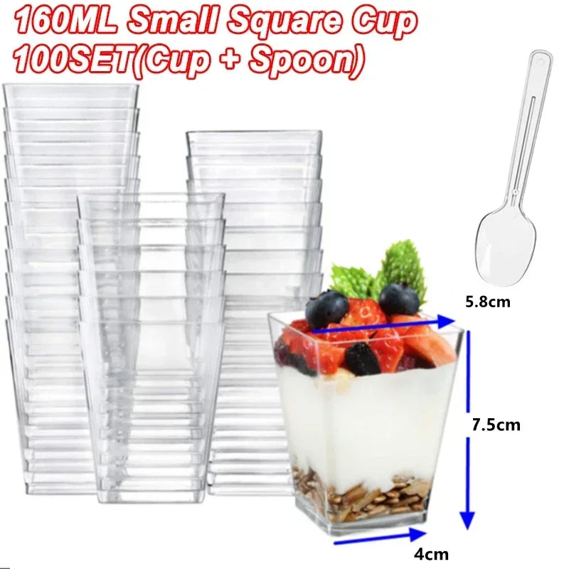 Mini Square Plastic Dessert Cups 40oz 20oz Clear Reusable Party Tableware for Mousse Pudding Yogurt Catering Events