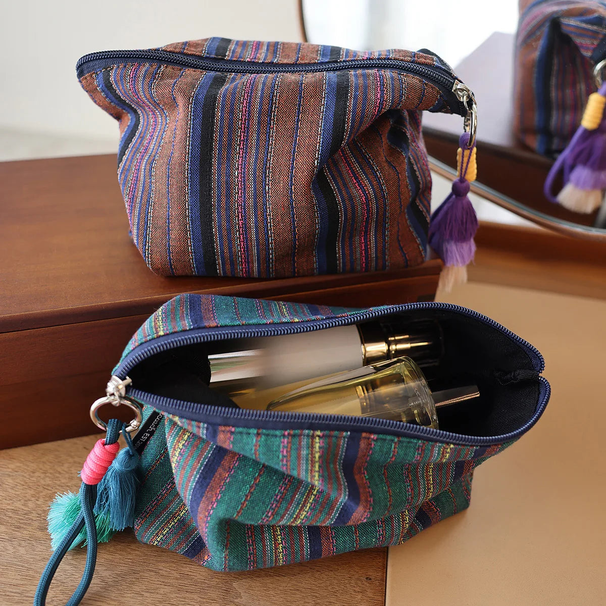 Colorful Striped Fringe Pendant Makeup Bag Ethnic-Style Women's Zipper Travel Portable Storage Pouch Inner Liner Bag Clutch
