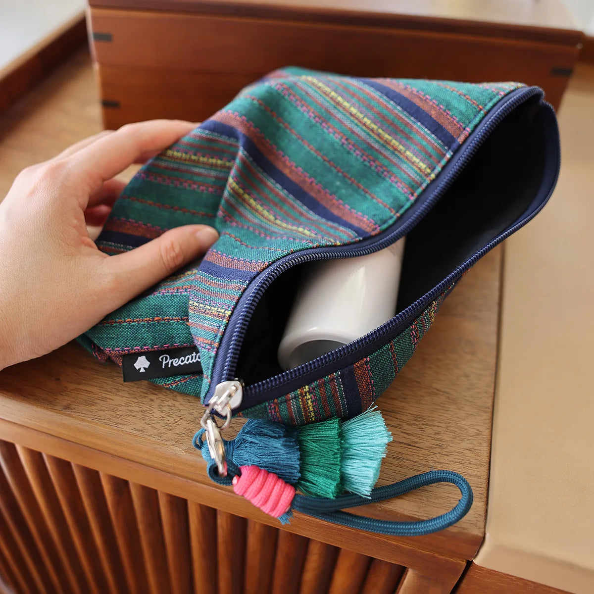 Colorful Striped Fringe Pendant Makeup Bag Ethnic-Style Women's Zipper Travel Portable Storage Pouch Inner Liner Bag Clutch