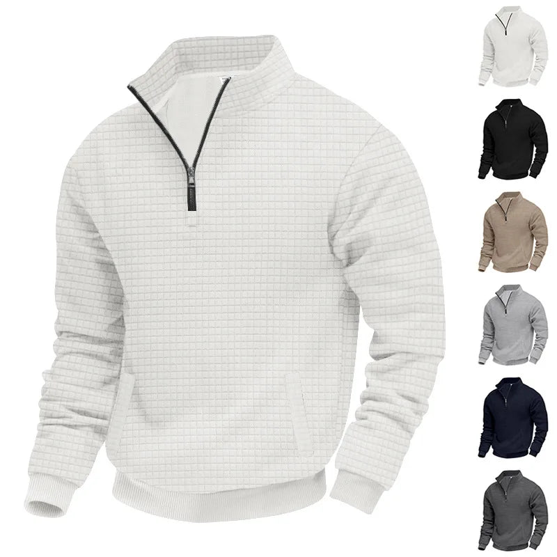 2025 Half-Zip Sweatshirt for Men, Autumn and Winter Jacquard Small Check Stand Collar Casual Pullover Fashion Men's Sweatshirt