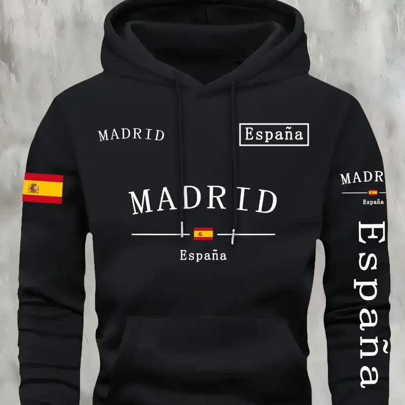 Spanish flag madrid printed Autumn and Winter Warm Cotton Men's Fleece Oversized Hoodie Outdoor Commuter Men's High Elastic top