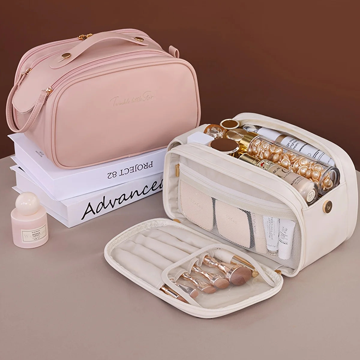 Multifunctional Makeup Bag For Women PU Leather Large Capacity Portable Double Zipper Travel Makeup Brush Toiletries Storage Bag