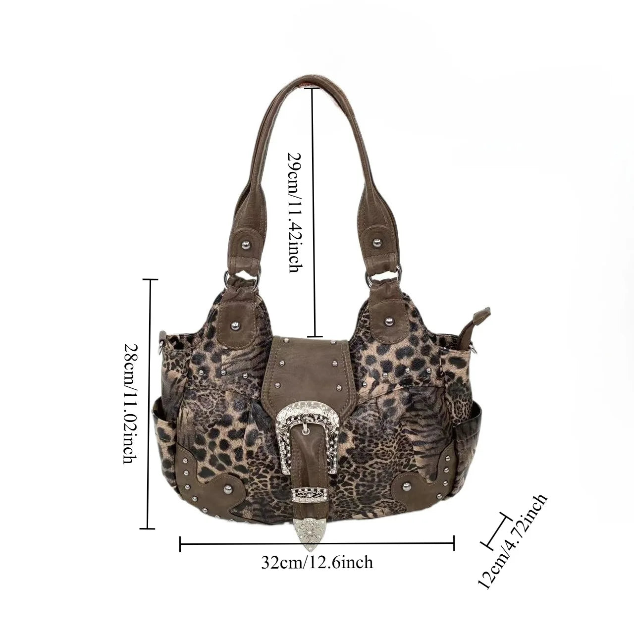 Y2K street personality spicy girl leopard print patchwork tote bag with multiple pockets and rivets retro crossbody handbag