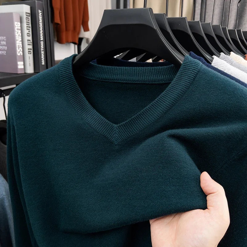 2026 Men's V-Neck Basic Solid Color Sweatshirt Warm Autumn Knitted Oversize Pullover Elastic round Neck Sweater for Casual Wear
