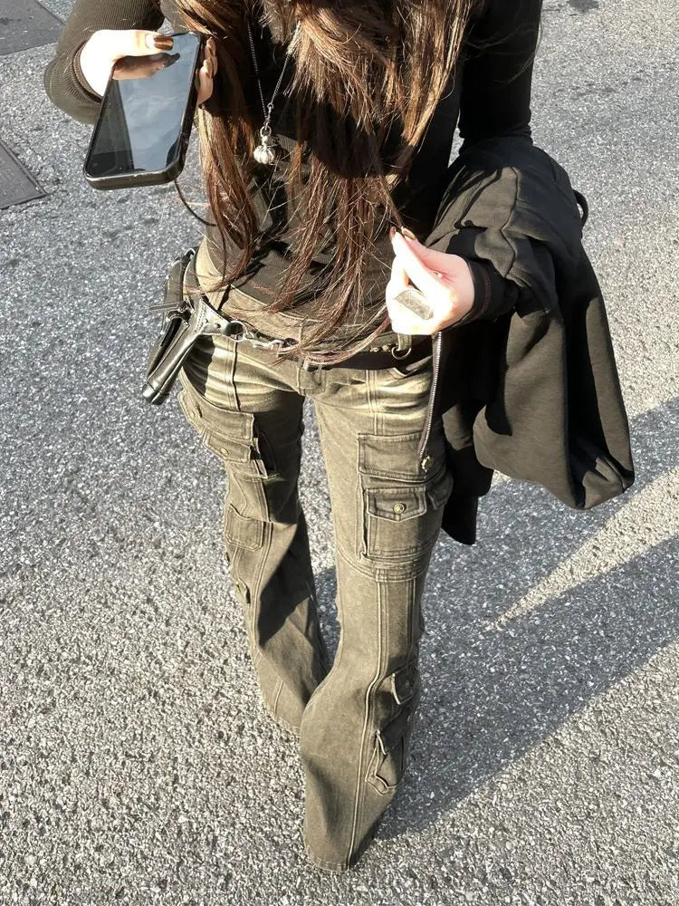 Deeptown Y2k Vintage Punk Women Flared Jeans Harajuku Distressed Low Waist American Style Denim Cargo Pants Grunge Gyaru Casual