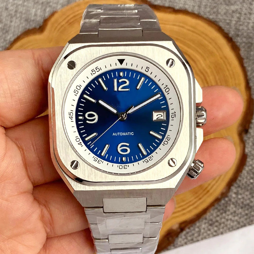 AR Sapphire Glass 42mm Square Steel Mechanical Men Watch S NH35AA Movt 150m Waterproof Elegance Dive Watches Black/Ice Blue Dial