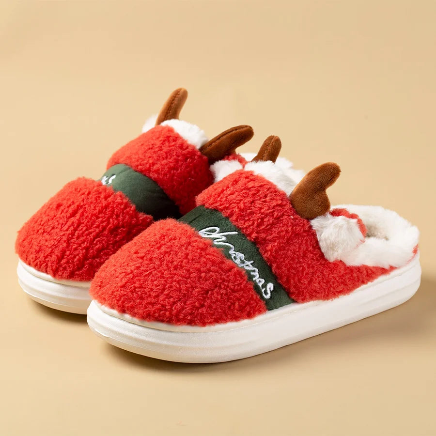 New 2025 Thick Sole Christmas Deer Slippers Women Men Indoor Warm Slipper Soft Plush Home Floor Lovers Winter Platform Shoes