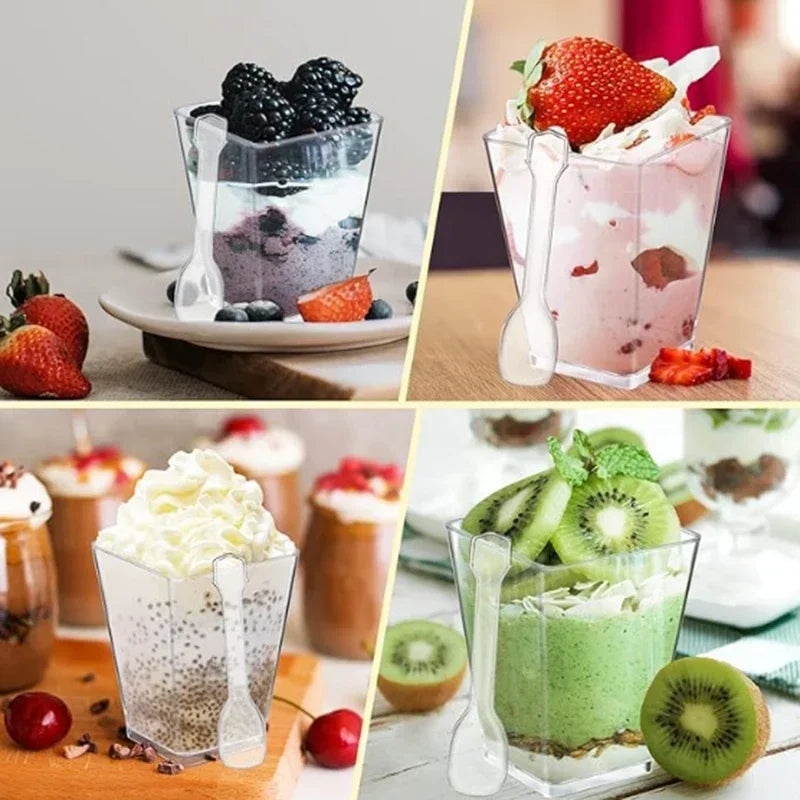 Mini Square Plastic Dessert Cups 40oz 20oz Clear Reusable Party Tableware for Mousse Pudding Yogurt Catering Events