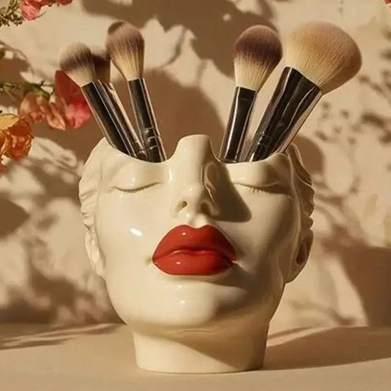 Cosmetic Brush Holder Makeup Organizer For Brushes Women's Head Design Boho Aesthetic Decorative Resin Decoration For Bathroom