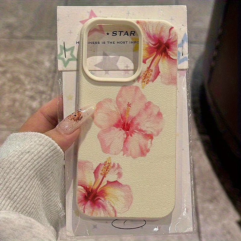 Hibiscus Rosa-Sinensis Imitation Leather Phone Case for iPhone 16 E 15 14 Plus 13 12 11 Pro Max XS Max XR XS X Shockproof Cover