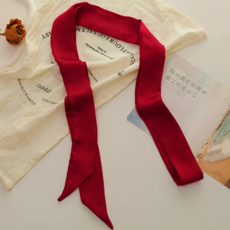 Bright Red Slim Ladies Chiffon Silk Scarf, multi-use for bag ribbons, headbands, chokers and hair ties