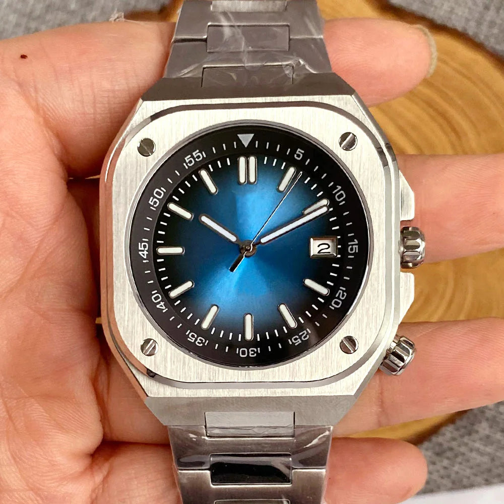 AR Sapphire Glass 42mm Square Steel Mechanical Men Watch S NH35AA Movt 150m Waterproof Elegance Dive Watches Black/Ice Blue Dial