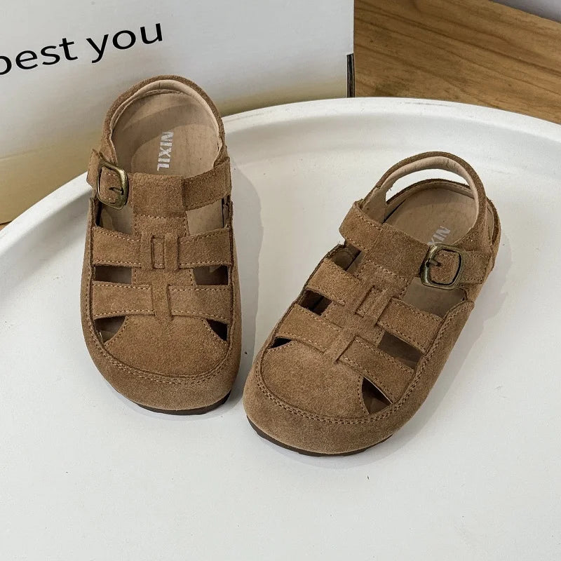 Children' Simple Elegant Baotou Sandals 2026 Summer New Product Genuine Leather Casual Comfortable Single Shoes Boys Girls Suede