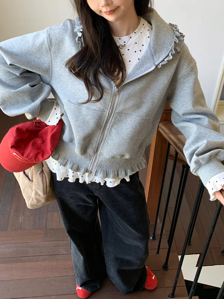 Korean Pink Zipper Hooded Sweatshirt for Women's Cute Outerwear Cardigan with Ruffle Edge Long Sleeved Top Loose Hoodie