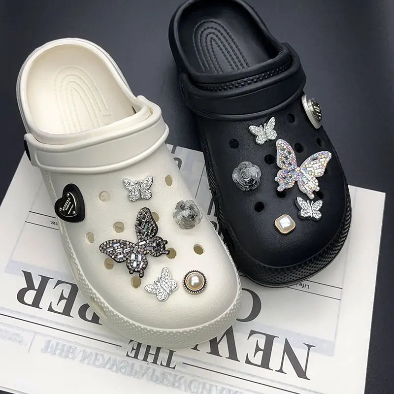 Sparkling Butterfly Flower Pearl Shoe Charms for Crocs Black White Set Clogs Pins Slipper Accessories Garden Sandals Girl Gift