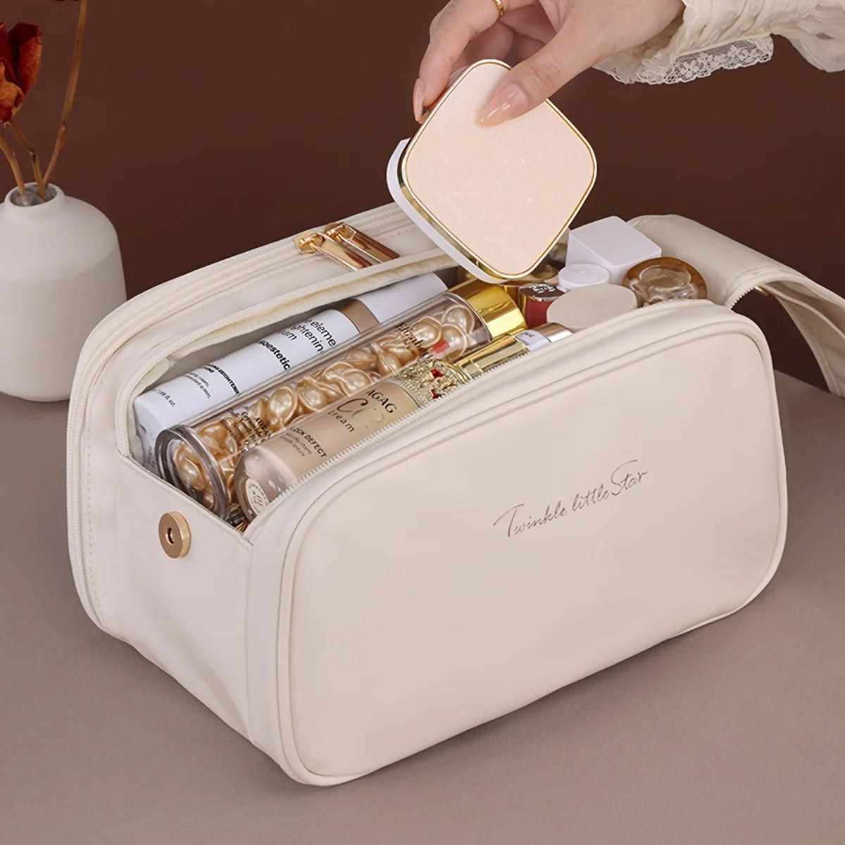 Multifunctional Makeup Bag For Women PU Leather Large Capacity Portable Double Zipper Travel Makeup Brush Toiletries Storage Bag