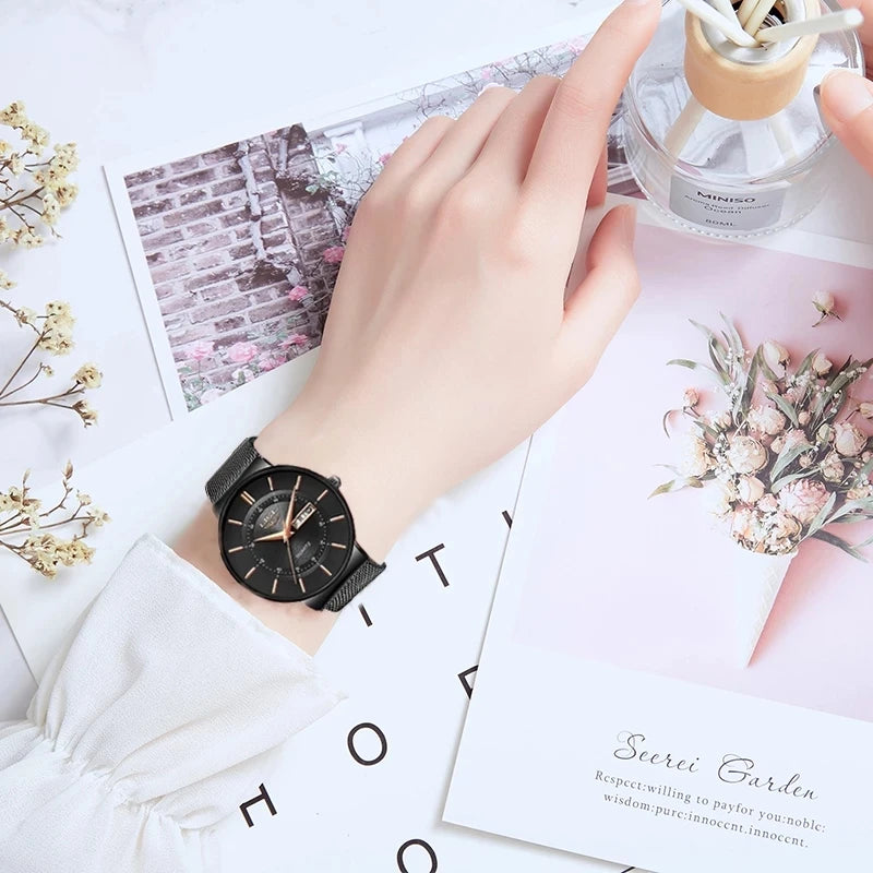 LIGE Women Watches Luxury Brand Ultra-thin Calendar Week Quartz Watch Ladies Mesh Stainless Steel Waterproof Gift reloj muje+Box