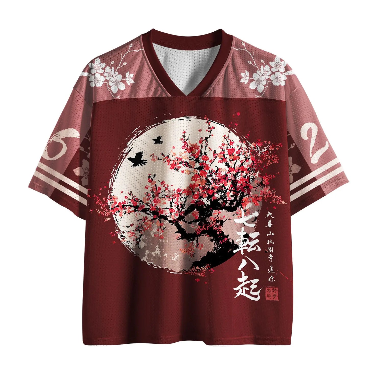 Japanese Style Ink Cherry Blossom Mesh Jersey with Loose V-neck and Short Sleeves, Featuring The Style of "Seven To Eight"