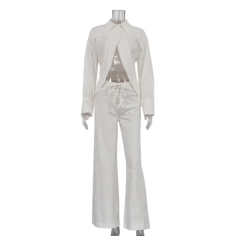 INS Loose Tracksuit Elegant Women Trousres Set Y2K Outfits Long Sleeve Irregular Blouse Top Lace Up Wide Leg Pants Two Piece Set