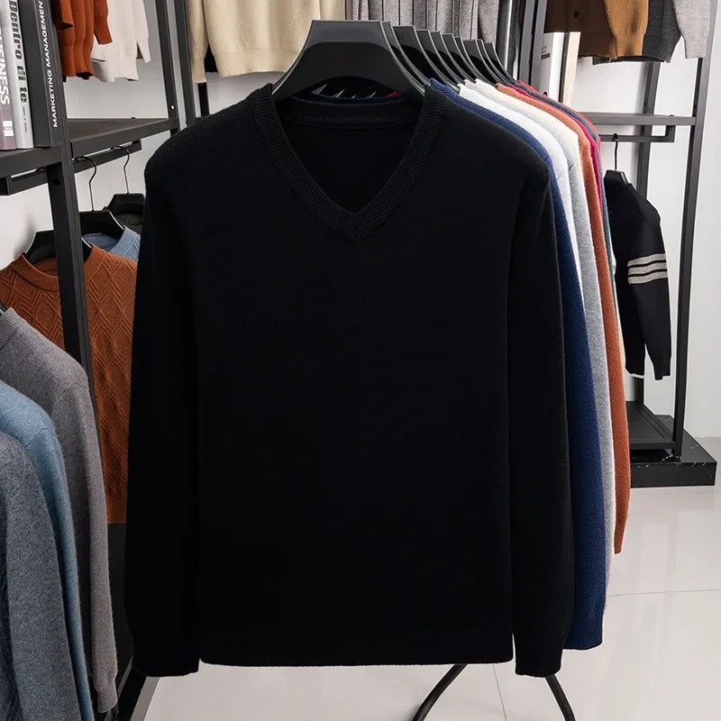 2026 Men's V-Neck Basic Solid Color Sweatshirt Warm Autumn Knitted Oversize Pullover Elastic round Neck Sweater for Casual Wear