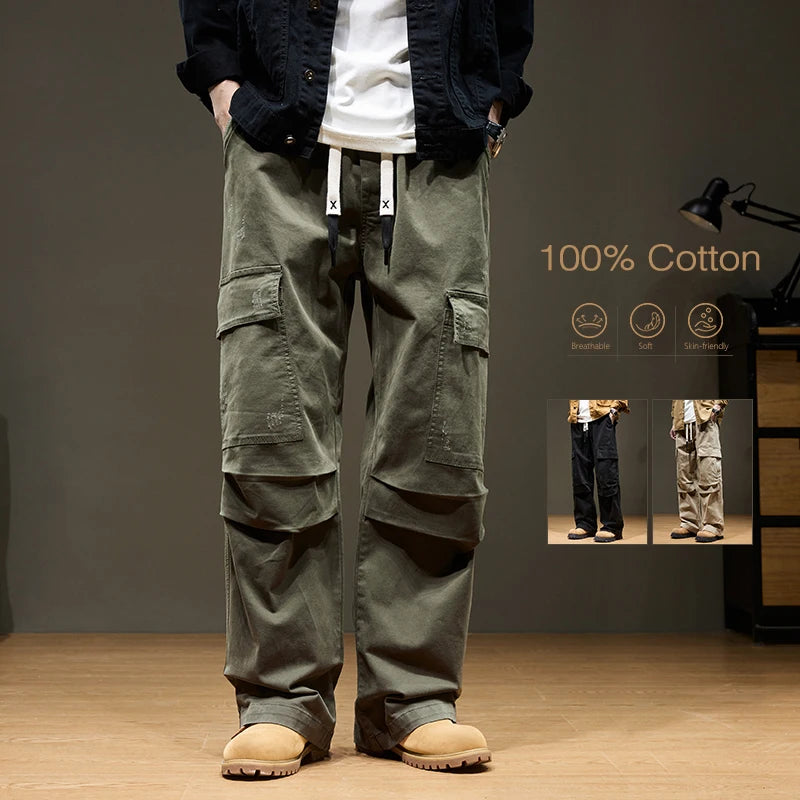Baggy Wide-leg Cargo Pants Men's 100% Cotton Multi-pocket Splicing Outdoor Loose Straight Autumn Trousers Fashion Streetwear